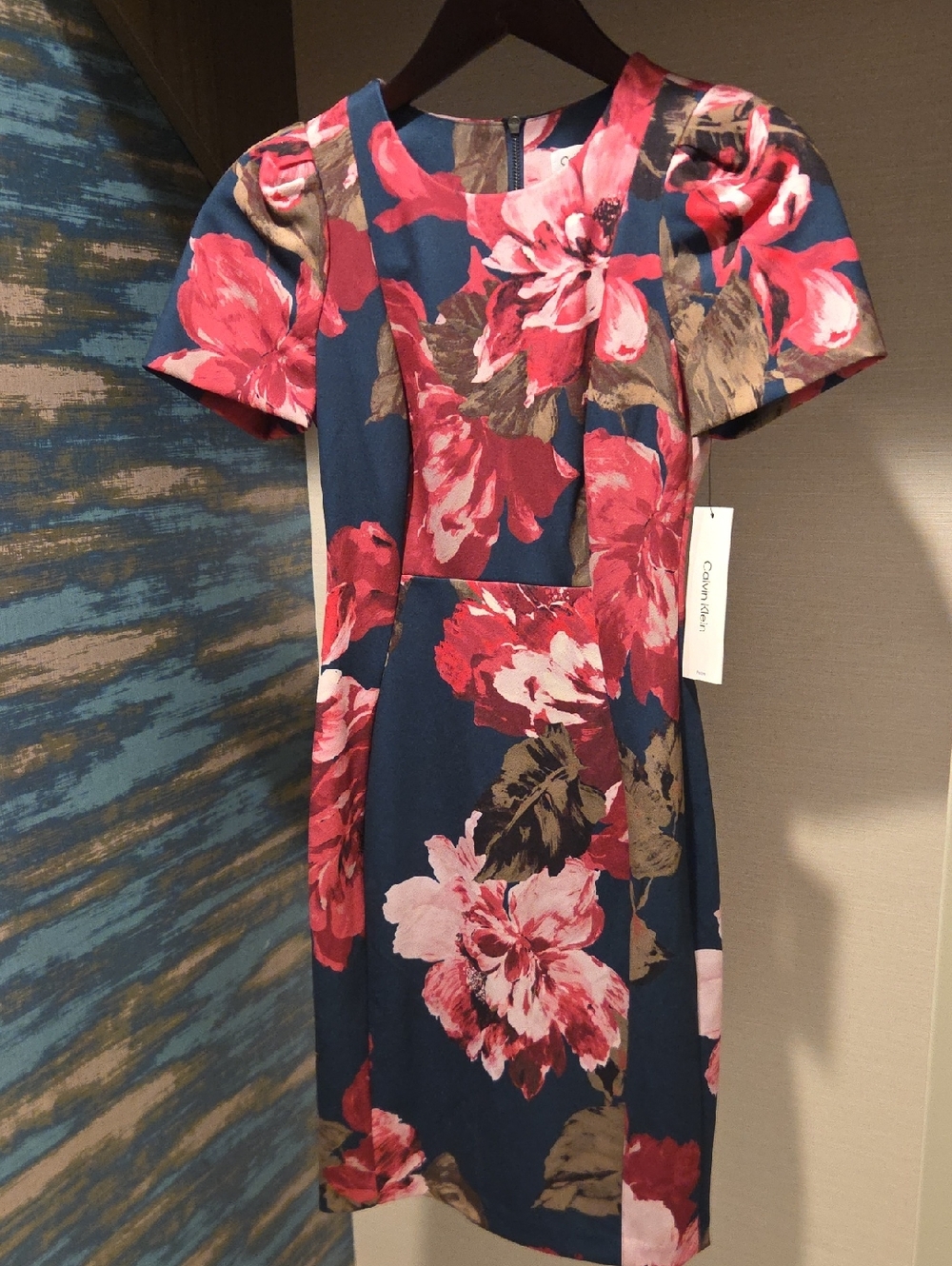Calvin Klein Navy Midi Dress with Pink, Fuschia and Green Floral Print
